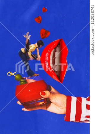Poster. Contemporary art collage. Hand holds glass of Bloody Mary and couple in retro attire dancing on the edge of cocktail glass. 112928742