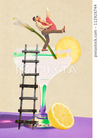 Poster. Contemporary art collage. Young people, dancers in vintage attire dancing on edge o cocktail glass against pastel background. 112928744