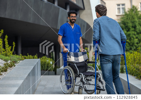 Make nurse and a man with sticks on a walk Make nurse and a man with sticks on a walk 112928845
