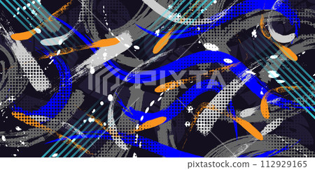 Abstract and Creative Art Background with Brush Texture and Geometric Elements in Collage Design Style. Creative Design Suitable for Sports Banner or Poster 112929165