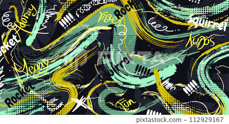 Abstract and Creative Art Background with Brush Texture and Scribble Text in Collage Design Style. Creative Design Suitable for Sports Banner or Poster 112929167