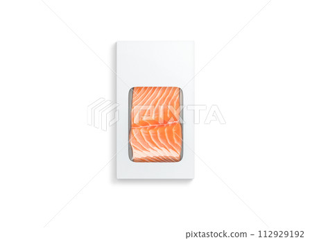Blank white box pack with salmon mockup, top view Blank white box pack with salmon mockup, top view 112929192
