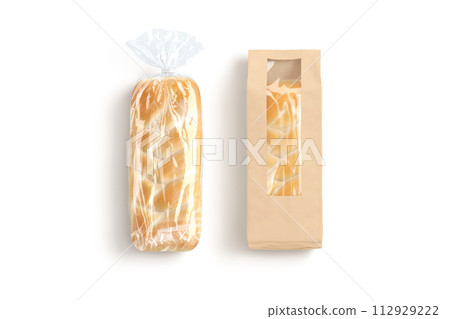 Blank transparent cellophane and craft paper bread pack mockup, isolated Blank transparent cellophane and craft paper bread pack mockup, isolated 112929222