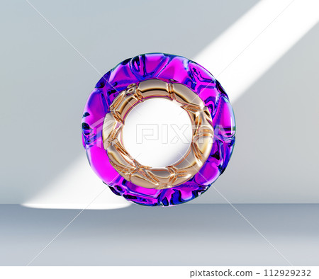 3d render, abstract geometric torus shape, cracked surface with hole. Split object isolated on white background. Minimal design. 112929232
