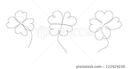 Set of beauty clovers drawn by one line. Floral sketch. Continuous line drawing. Minimalist art for patrick day. Vector illustration. 112929236