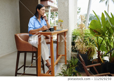 Frowning pensive business lady working on tablet computer at outdoor cafe table Frowning pensive business lady working on tablet computer at outdoor cafe table 112929250