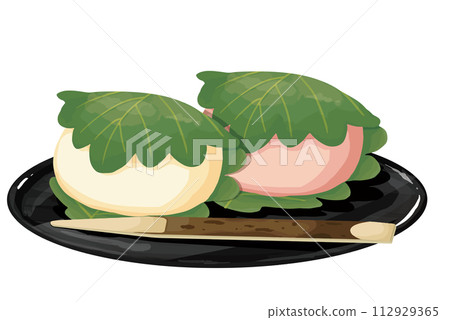 Two white and pink Kashiwamochi on a tray, sweets cut out 112929365