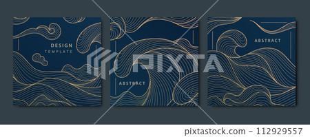 Vector sea waves japanese posters, patterns. Line oriental ornament, art deco golden on black backgrounds. Vintage style cards. 112929557