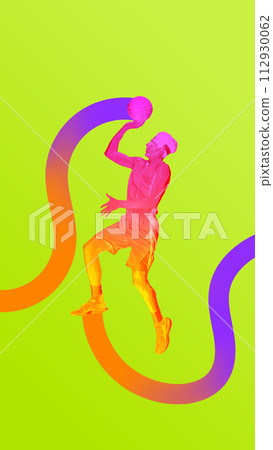 Poster. Contemporary art collage. Silhouette of sportive man training slam dunk in action with lines symbolizing movement against vibrant background. 112930062