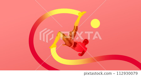 Poster. Contemporary art collage. Silhouette of sportsman, football player with lines symbolizing movement against vibrant background. Poster. Contemporary art collage. Silhouette of sportsman, football player with lines symbolizing movement against vibrant background. 112930079