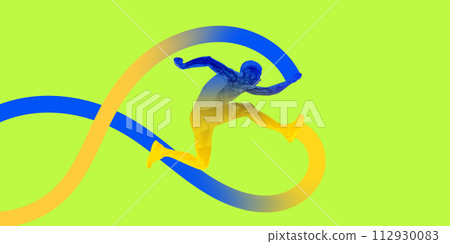 Poster. Contemporary art collage. Silhouette of sportsman, jogger running in motion with lines symbolizing movement against vibrant background. 112930083