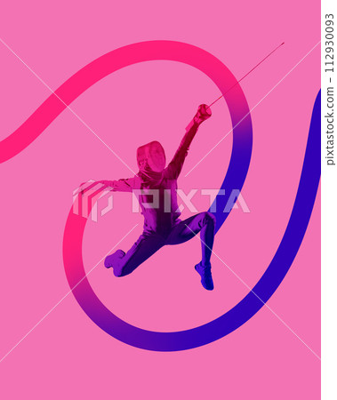 Poster. Contemporary art collage. Silhouette of fencing player attacking with lines symbolizing movement against vibrant background. 112930093