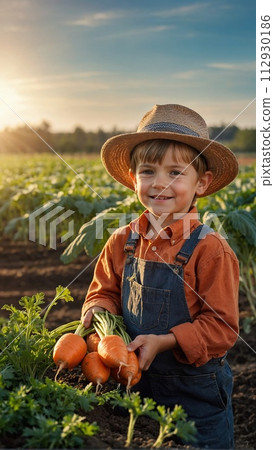 Happy little child farm boy on eco farm picking carrots. A small child on a farm on a beautiful sunny day. Boy outside in the garden. Happy little child farm boy on eco farm picking carrots. A small child on a farm on a beautiful sunny day. Boy outside in the garden. 112930186