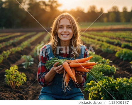 Happy young woman farmer holding fresh beautiful orange carrots growing in fertile soil on farm bed 112930187