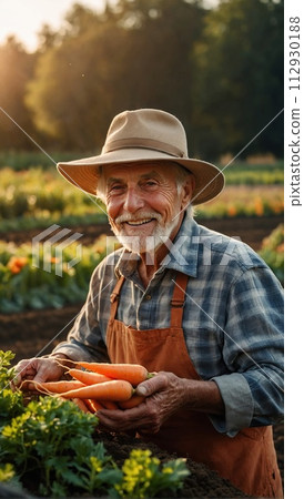 Happy elderly male farmer holding fresh beautiful orange carrots growing in fertile soil on farm bed 112930188
