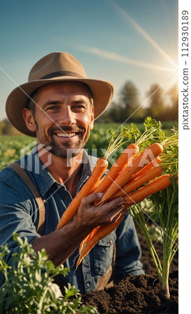 Happy male farmer holding fresh beautiful orange carrots growing in fertile soil on farm bed 112930189