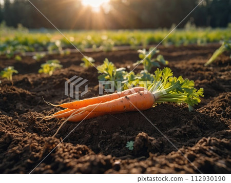 Fresh harvest of carrots on the ground in a vegetable garden, on a farm. Permaculture. Organic vegetables. Healthy vegan food. Farm and gardening concept, harvesting Fresh harvest of carrots on the ground in a vegetable garden, on a farm. Permaculture. Organic vegetables. Healthy vegan food. Farm and gardening concept, harvesting 112930190