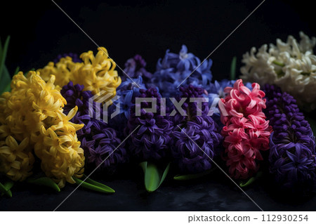 Group of vibrant and colorful jacintos flowers are arranged neatly on top of wooden table. Different hues and shapes of flowers create a visually appealing display. Group of vibrant and colorful jacintos flowers are arranged neatly on top of wooden table. Different hues and shapes of flowers create a visually appealing display. 112930254