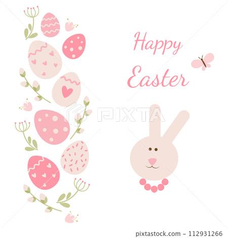 Easter card with hare, eggs, flowers, branches on a white background. Flat style. Ideal for holiday design. Vector. 112931266