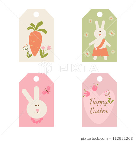 Set of tags for Easter gifts with carrots, leaves, branches, flowers. Ideal for holiday greetings. 112931268