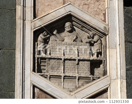 florence giotto tower detail near Cathedral Santa Maria dei Fiori, Brunelleschi Dome Italy 112931330