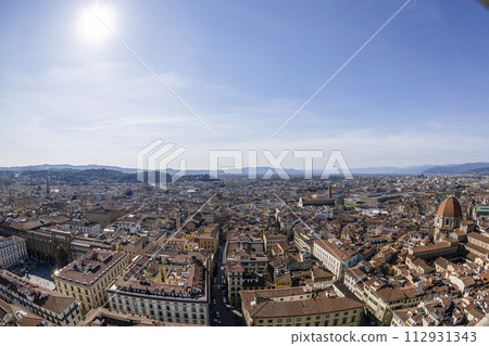 Florence Aerial view cityscape from giotto tower detail near Cathedral Santa Maria dei Fiori, Brunelleschi Dome Italy 112931343