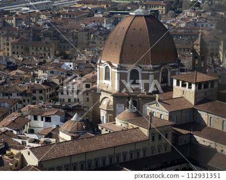 Cappelle Medicee Florence Aerial view cityscape from giotto tower detail near Cathedral Santa Maria dei Fiori, Brunelleschi Dome Italy Cappelle Medicee Florence Aerial view cityscape from giotto tower detail near Cathedral Santa Maria dei Fiori, Brunelleschi Dome Italy 112931351