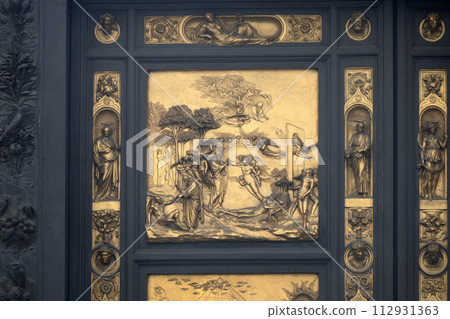 golden door of battistero of Giotto detail near Cathedral Santa Maria dei Fiori, Brunelleschi Dome Italy 112931363