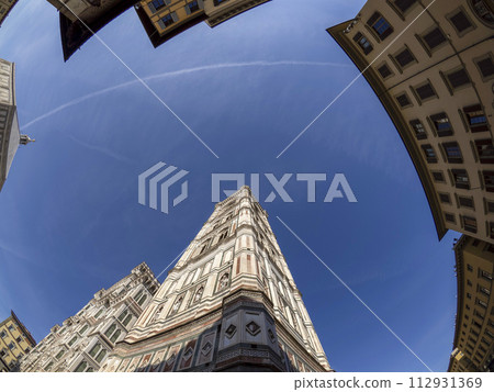 fisheye unusual view Cathedral Santa Maria dei Fiori, Brunelleschi Dome and Giotto Tower in Florence Italy 112931369