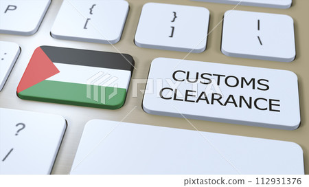 Palestine National Flag and Text Customs Clearance on Button 3D Illustration 112931376