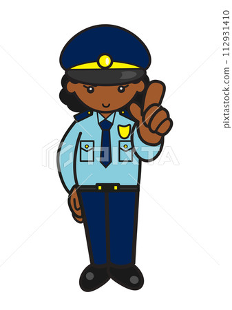 Female black police officer pointing pose 112931410