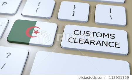 Algeria National Flag and Text Customs Clearance on Button 3D Illustration 112931569