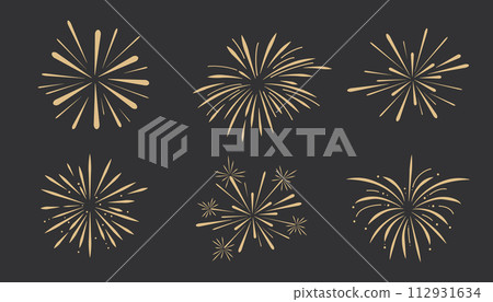 Set gold fireworks, firecrackers golden burst, rays festive doodle sparkle lights isolated on dark background.Celebration, Party Icon, Anniversary, New Year Eve, independence 112931634