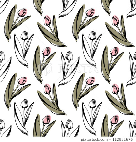 Sketch-style tulip pattern, on white background for unique packaging designs and flower shops Sketch-style tulip pattern, on white background for unique packaging designs and flower shops 112931676