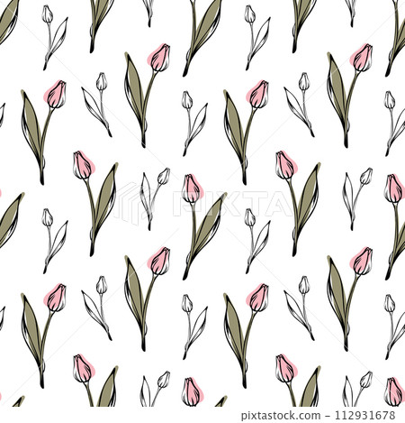 Sketch-style tulip pattern, on white background for unique packaging designs and flower shops Sketch-style tulip pattern, on white background for unique packaging designs and flower shops 112931678