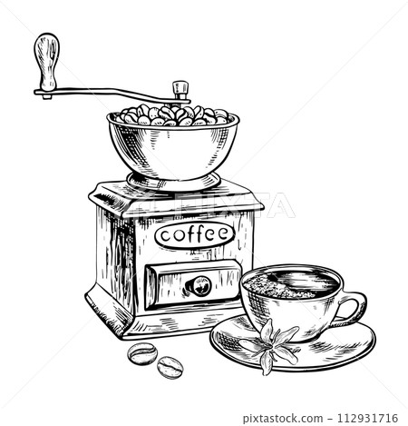 A coffee grinder grinds coffee beans. Vector black and white illustration illustration on a white isolated background. For printing, menus, postcards and packages. For banners, flyers and posters. 112931716