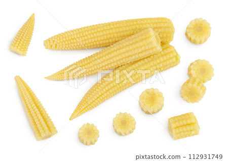 Pickled young baby corn cobs isolated on white background. Top view. Flat lay Pickled young baby corn cobs isolated on white background. Top view. Flat lay 112931749