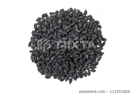 black sesame seeds isolated on white background. Top view. Flat lay black sesame seeds isolated on white background. Top view. Flat lay 112931808