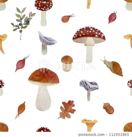 Wild mushroom watercolor seamless pattern isolated on white. Porcini, Chanterelle, Fly agaric and Collybia nuda 112931863