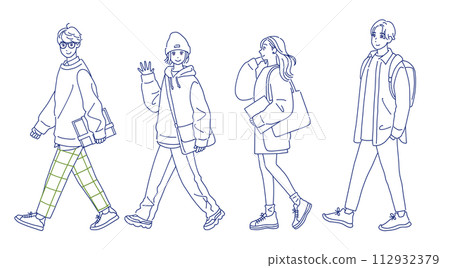 Four young men and women walking with smiles Four young men and women walking with smiles 112932379