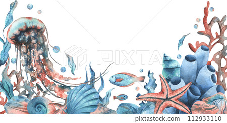 Underwater world clipart with sea animals whale, turtle, octopus, seahorse, starfish, shells, coral and algae. Hand drawn watercolor illustration. Border, template, frame isolated from the background. 112933110