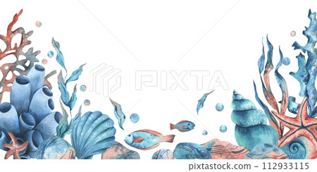Underwater world clipart with sea animals whale, turtle, octopus, seahorse, starfish, shells, coral and algae. Hand drawn watercolor illustration. Border, template, frame isolated from the background. Underwater world clipart with sea animals whale, turtle, octopus, seahorse, starfish, shells, coral and algae. Hand drawn watercolor illustration. Border, template, frame isolated from the background. 112933115