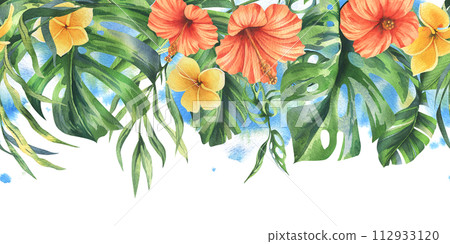 Tropical palm leaves, monstera and flowers of plumeria, hibiscus, bright juicy. Hand drawn watercolor botanical illustration. Seamless border is isolated from the background. Tropical palm leaves, monstera and flowers of plumeria, hibiscus, bright juicy. Hand drawn watercolor botanical illustration. Seamless border is isolated from the background. 112933120