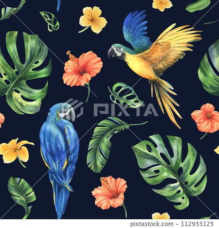 Tropical palm leaves, monstera and flowers of plumeria, hibiscus, bright with blue-yellow macaw parrot. Hand drawn watercolor botanical illustration. Seamless pattern on a dark background Tropical palm leaves, monstera and flowers of plumeria, hibiscus, bright with blue-yellow macaw parrot. Hand drawn watercolor botanical illustration. Seamless pattern on a dark background 112933125
