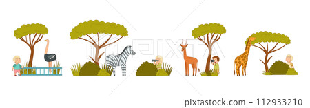 Safari Tour and Zoo Visit with Kids Watch Wild Animal Vector Set 112933210