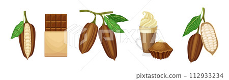 Chocolate Product with Plant Pod, Bar and Dessert Vector Set Chocolate Product with Plant Pod, Bar and Dessert Vector Set 112933234