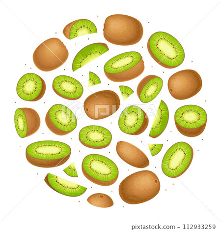 Sweet Kiwi Fruit Round Composition Design with Green Food Vector Template Sweet Kiwi Fruit Round Composition Design with Green Food Vector Template 112933259