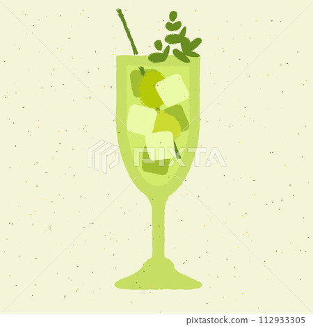 Green cocktail with greens, grapes and ice cubes in stemware glass. Grape fizz cocktail 112933305