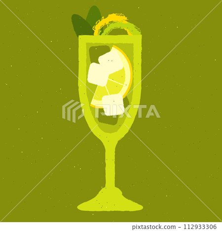 Green cocktail with lemon, mint and ice cubes. Mojito in stemware glass. Citrus soda Green cocktail with lemon, mint and ice cubes. Mojito in stemware glass. Citrus soda 112933306