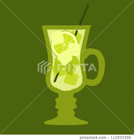 Green cocktail with lime, mint and ice cubes. Mojito in a glass with a handle. Cold tea 112933308